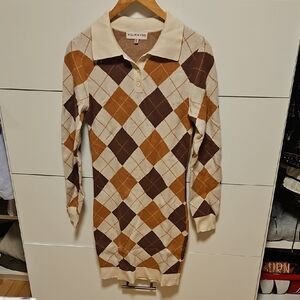 William & Velo Argyle Knit Dress - Cream and Brown